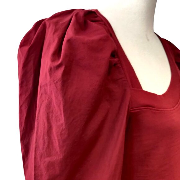 Nation LTD Womens Size M Red Tori Asymmetric Neck Combo Puff Sleeve Cotton Top - Picture 5 of 10